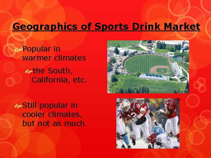 Geographics of Sports Drink Market Popular in warmer climates the South, California, etc. Still