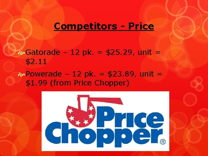 Competitors - Price Gatorade – 12 pk. = $25. 29, unit = $2. 11