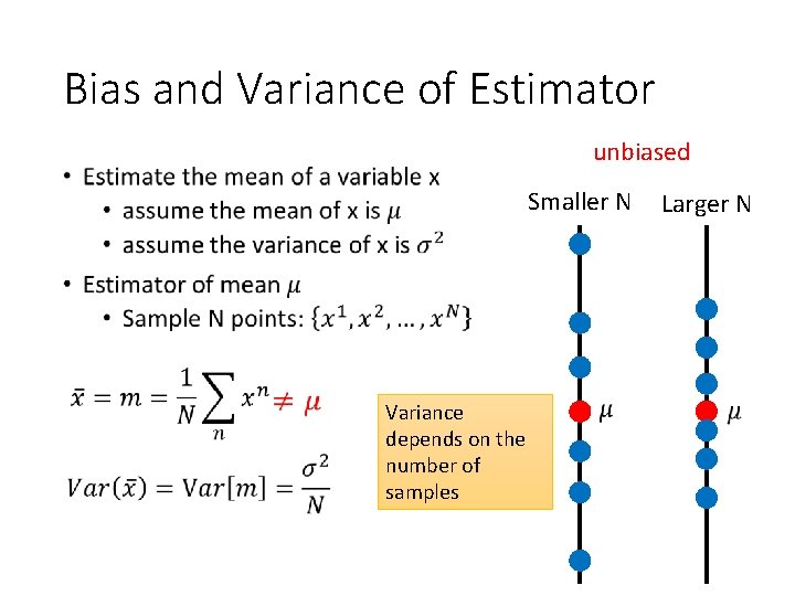 Bias and Variance of Estimator unbiased • Smaller N Variance depends on the number