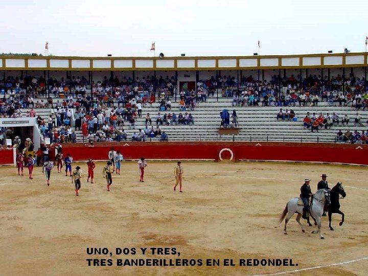 UNO, DOS Y TRES, TRES BANDERILLEROS EN EL REDONDEL. 