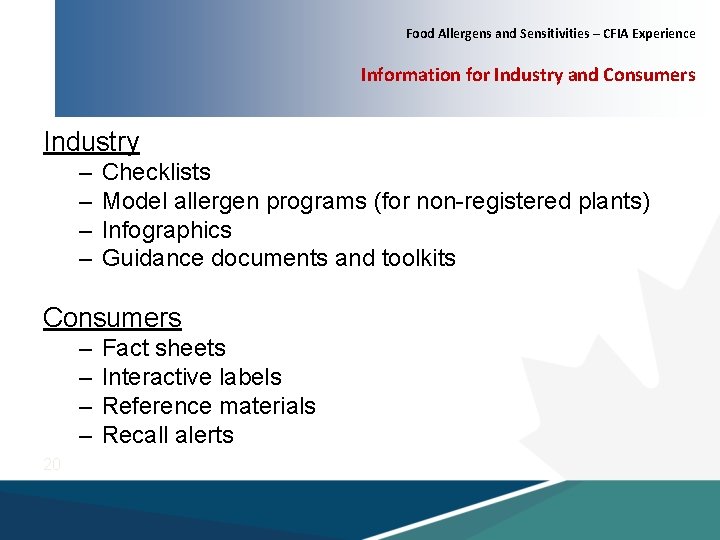 Food Allergens and Sensitivities – CFIA Experience Information for Industry and Consumers Industry –