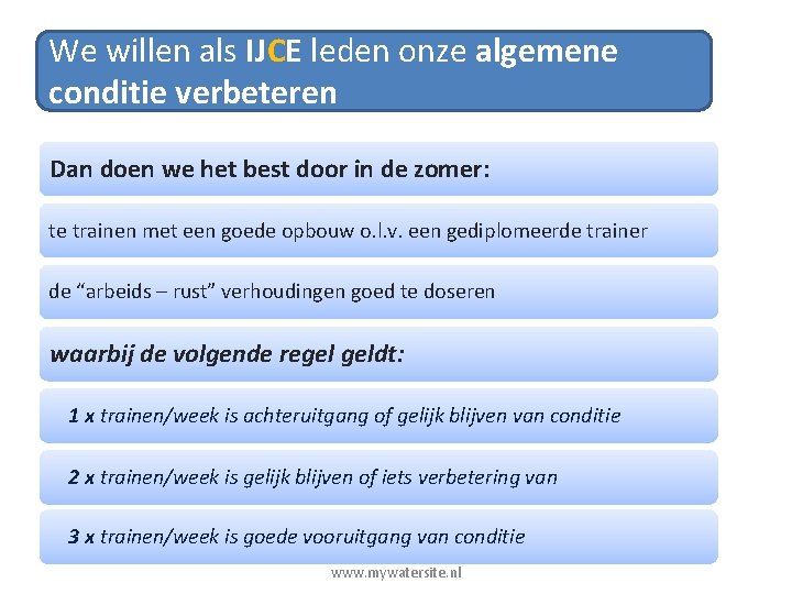 We willen als IJCE leden onze algemene conditie verbeteren Dan doen we het best