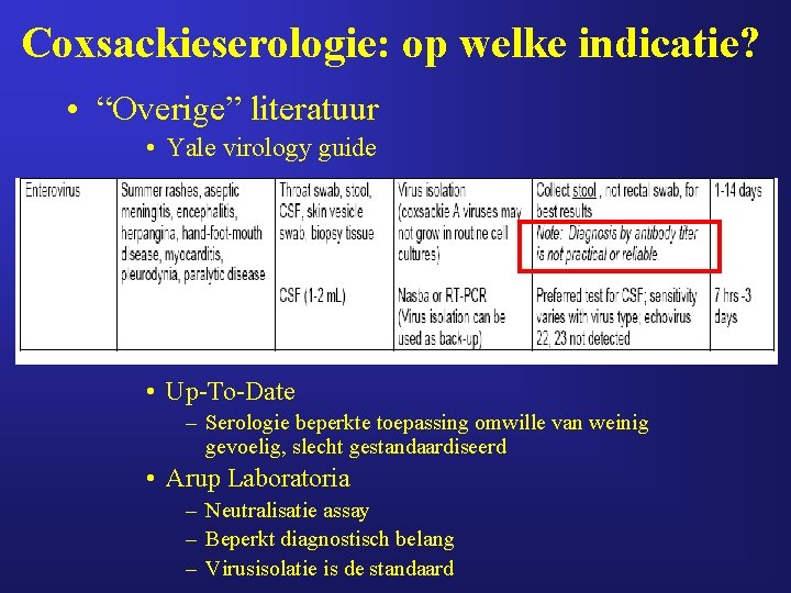 Coxsackieserologie: op welke indicatie? • “Overige” literatuur • Yale virology guide • Up-To-Date –