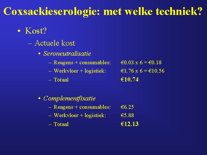 Coxsackieserologie: met welke techniek? • Kost? – Actuele kost • Seroneutralisatie – Reagens +