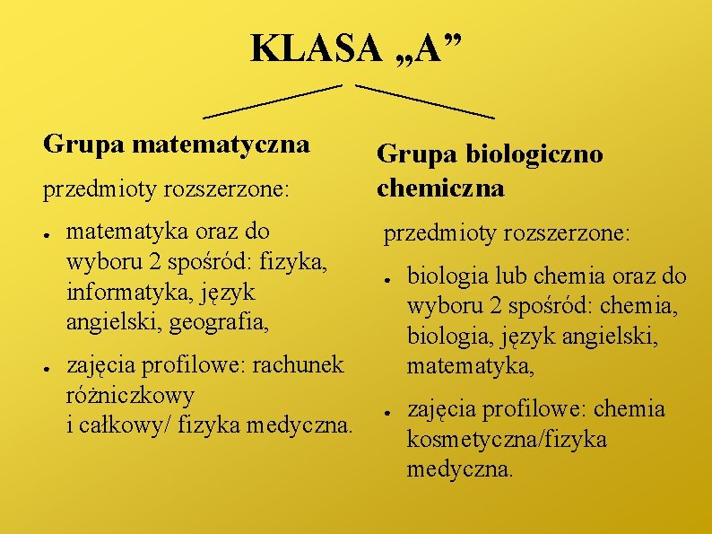 KLASA „A” Grupa matematyczna przedmioty rozszerzone: ● ● matematyka oraz do wyboru 2 spośród: