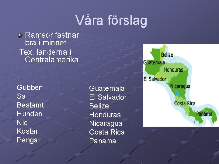 Våra förslag Ramsor fastnar bra i minnet. Tex. länderna i Centralamerika Gubben Sa Bestämt