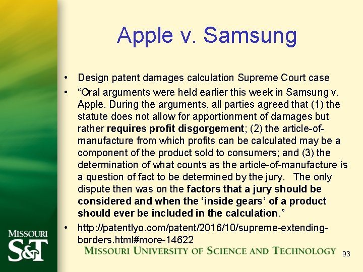 Apple v. Samsung • Design patent damages calculation Supreme Court case • “Oral arguments