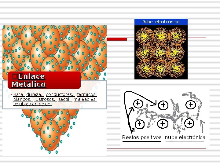 o. Enlace Metálico • Baja dureza, conductores, térmicos, blandos, lustrosos, sectil, maleables, solubles en