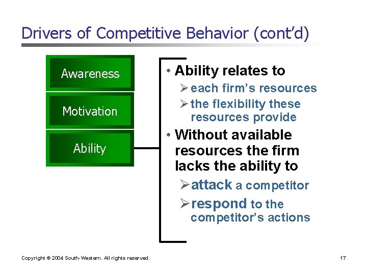 Drivers of Competitive Behavior (cont’d) Awareness Motivation Ability • Ability relates to Ø each Drivers of Competitive Behavior (cont’d) Awareness Motivation Ability • Ability relates to Ø each