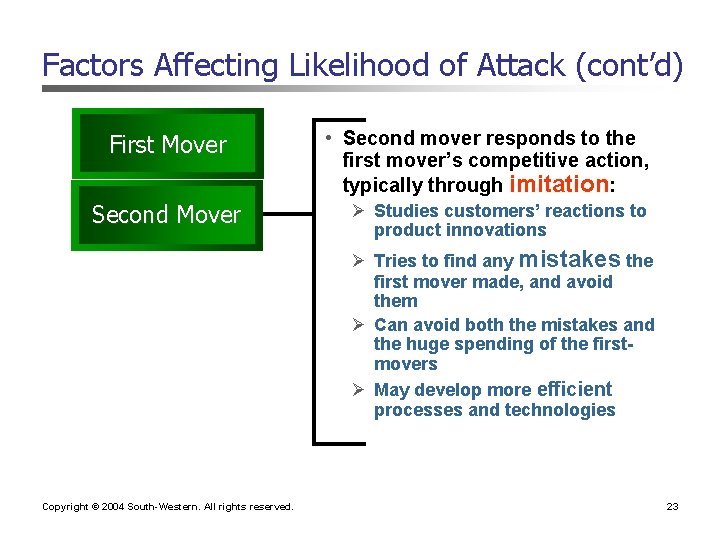 Factors Affecting Likelihood of Attack (cont’d) First Mover Second Mover • Second mover responds Factors Affecting Likelihood of Attack (cont’d) First Mover Second Mover • Second mover responds