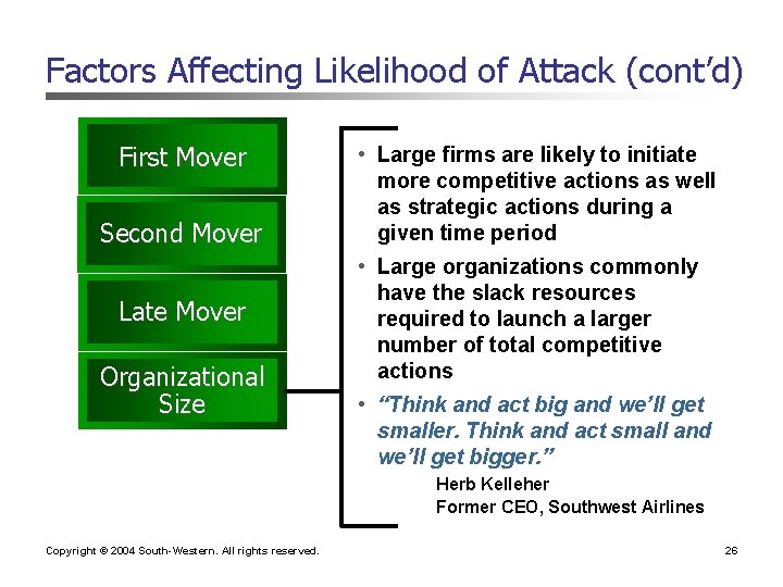 Factors Affecting Likelihood of Attack (cont’d) First Mover Second Mover Late Mover Organizational Size Factors Affecting Likelihood of Attack (cont’d) First Mover Second Mover Late Mover Organizational Size