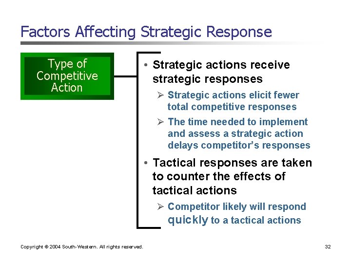 Factors Affecting Strategic Response Type of Competitive Action • Strategic actions receive strategic responses Factors Affecting Strategic Response Type of Competitive Action • Strategic actions receive strategic responses