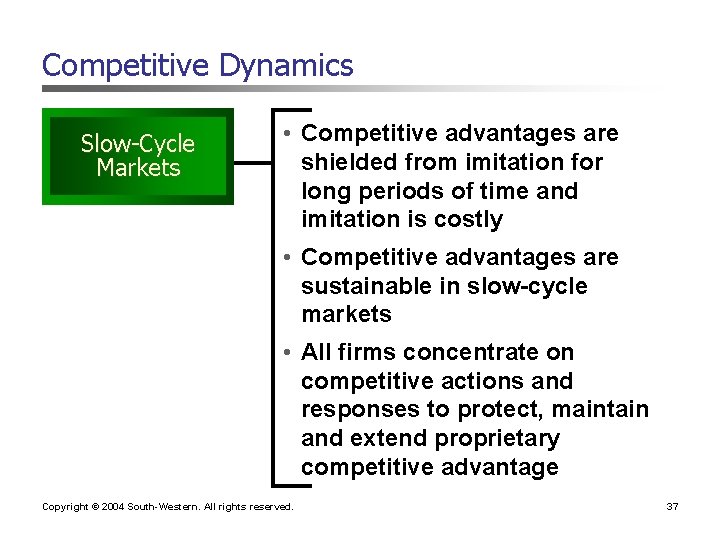 Competitive Dynamics Slow-Cycle Markets • Competitive advantages are shielded from imitation for long periods Competitive Dynamics Slow-Cycle Markets • Competitive advantages are shielded from imitation for long periods