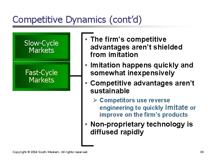 Competitive Dynamics (cont’d) Slow-Cycle Markets Fast-Cycle Markets • The firm’s competitive advantages aren’t shielded Competitive Dynamics (cont’d) Slow-Cycle Markets Fast-Cycle Markets • The firm’s competitive advantages aren’t shielded