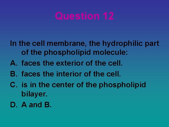 Question 12 In the cell membrane, the hydrophilic part of the phospholipid molecule: A.