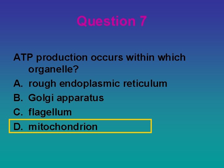 Question 7 ATP production occurs within which organelle? A. rough endoplasmic reticulum B. Golgi