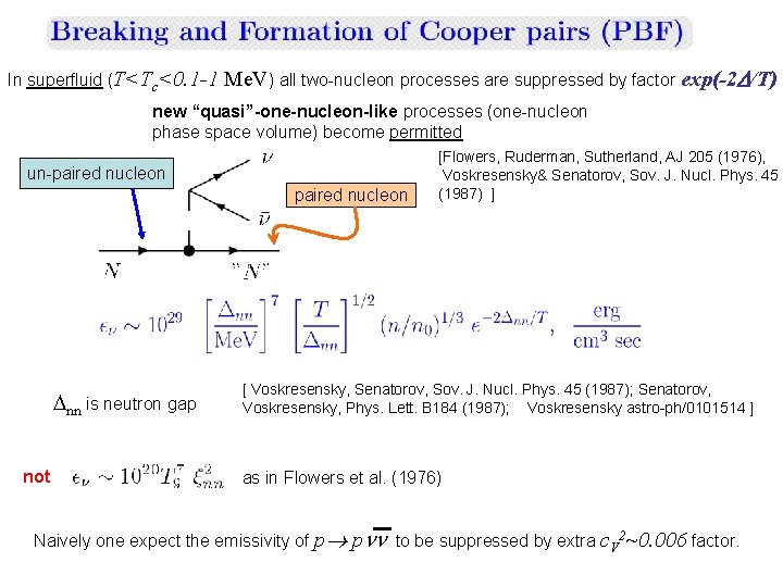 In superfluid (T<Tc<0. 1 -1 Me. V) all two-nucleon processes are suppressed by factor In superfluid (T<Tc<0. 1 -1 Me. V) all two-nucleon processes are suppressed by factor