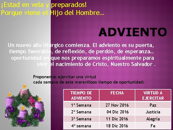 ¡Estad en vela y preparados! Porque viene el Hijo del Hombre… ADVIENTO Un nuevo ¡Estad en vela y preparados! Porque viene el Hijo del Hombre… ADVIENTO Un nuevo