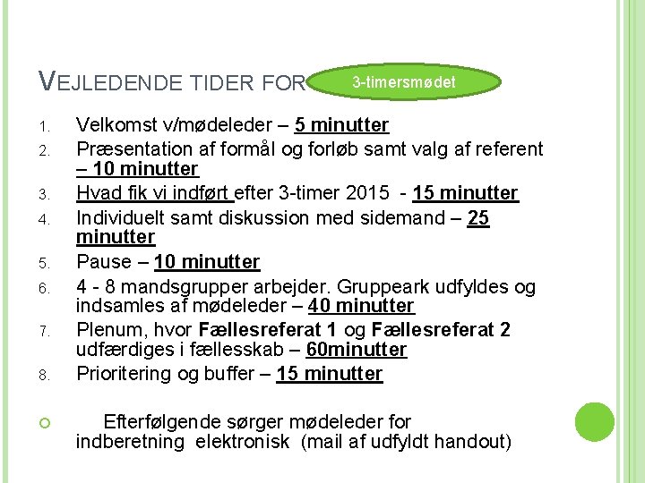 VEJLEDENDE TIDER FOR 1. 2. 3. 4. 5. 6. 7. 8. 3 -timersmødet Velkomst