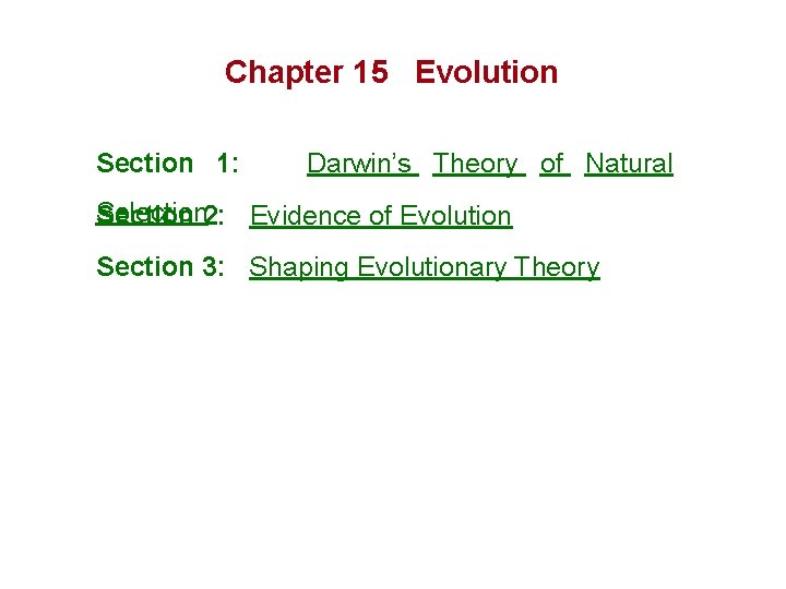 Chapter 15 Evolution Section 1: Darwin’s Theory of Natural Selection Section 2: Evidence of