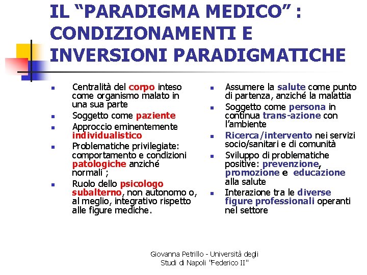 IL “PARADIGMA MEDICO” : CONDIZIONAMENTI E INVERSIONI PARADIGMATICHE n n n Centralità del corpo