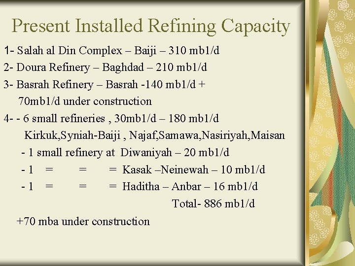 Present Installed Refining Capacity 1 - Salah al Din Complex – Baiji – 310