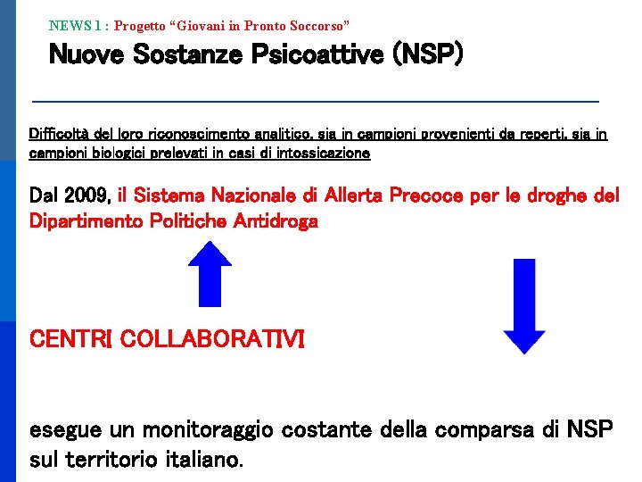 NEWS 1 : Progetto “Giovani in Pronto Soccorso” Nuove Sostanze Psicoattive (NSP) Difficoltà del