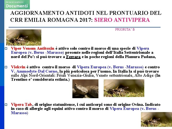 AGGIORNAMENTO ANTIDOTI NEL PRONTUARIO DEL CRR EMILIA ROMAGNA 2017: SIERO ANTIVIPERA PRIORITA’ B Viper
