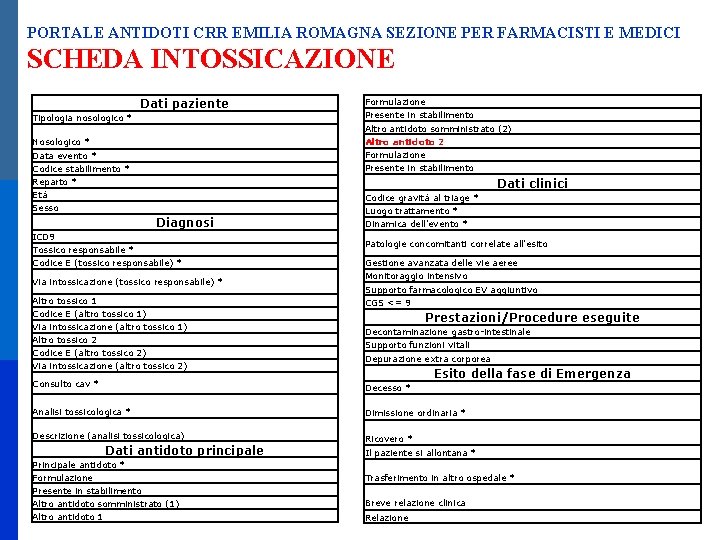 PORTALE ANTIDOTI CRR EMILIA ROMAGNA SEZIONE PER FARMACISTI E MEDICI SCHEDA INTOSSICAZIONE Dati paziente