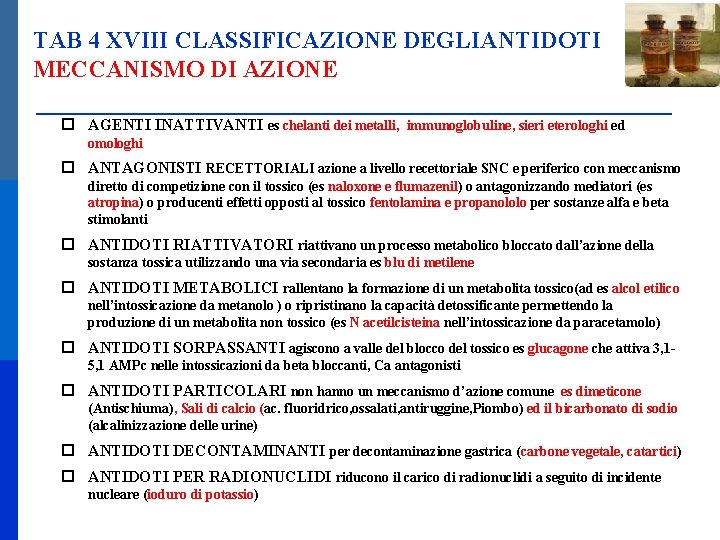 TAB 4 XVIII CLASSIFICAZIONE DEGLIANTIDOTI MECCANISMO DI AZIONE AGENTI INATTIVANTI es chelanti dei metalli,