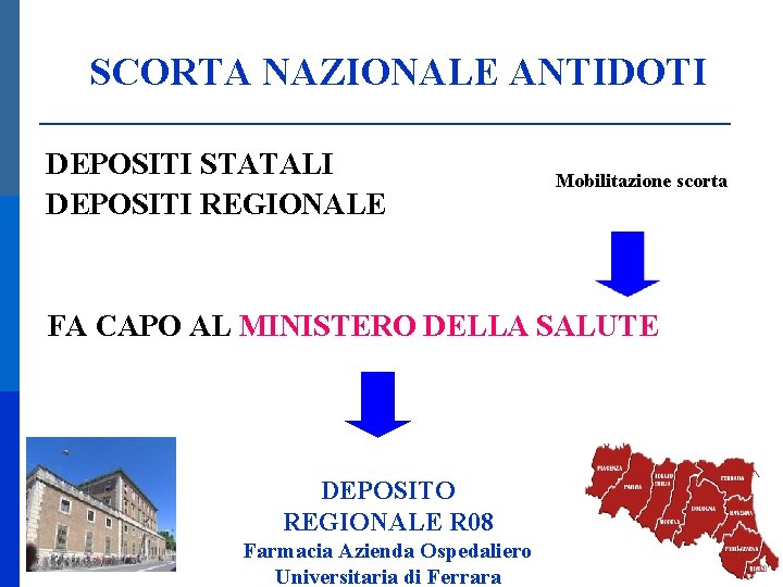 SCORTA NAZIONALE ANTIDOTI DEPOSITI STATALI DEPOSITI REGIONALE Mobilitazione scorta FA CAPO AL MINISTERO DELLA