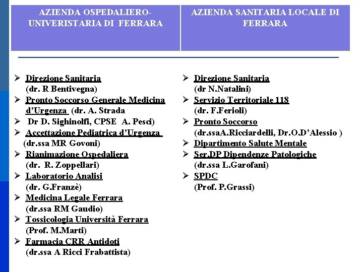 AZIENDA OSPEDALIEROUNIVERISTARIA DI FERRARA AZIENDA SANITARIA LOCALE DI FERRARA Direzione Sanitaria (dr. R Bentivegna)