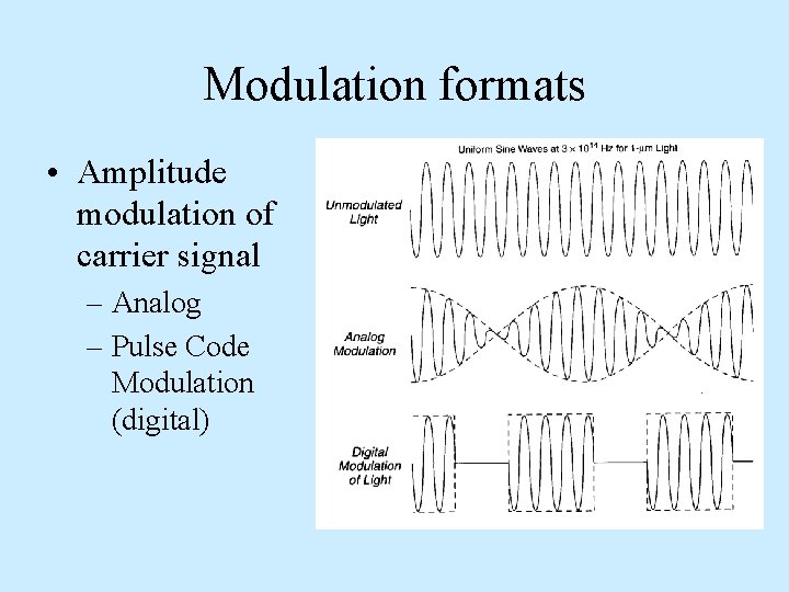 Modulation formats • Amplitude modulation of carrier signal – Analog – Pulse Code Modulation