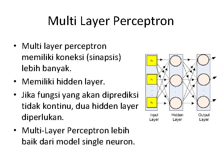 Multi Layer Perceptron • Multi layer perceptron memiliki koneksi (sinapsis) lebih banyak. • Memiliki