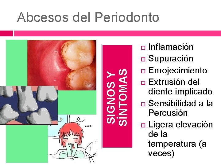 Abcesos del Periodonto SIGNOS Y SÍNTOMAS Inflamación Supuración Enrojecimiento Extrusión del diente implicado Sensibilidad