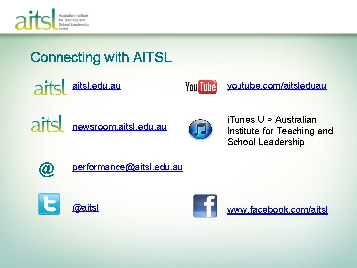 Connecting with AITSL @ aitsl. edu. au youtube. com/aitsleduau newsroom. aitsl. edu. au i.
