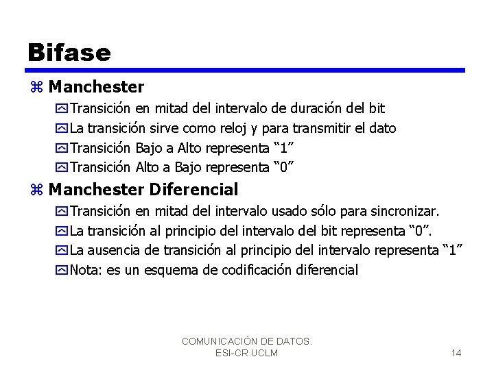 Bifase z Manchester y Transición en mitad del intervalo de duración del bit y