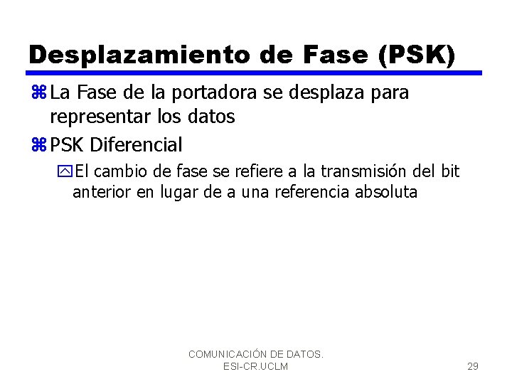 Desplazamiento de Fase (PSK) z La Fase de la portadora se desplaza para representar