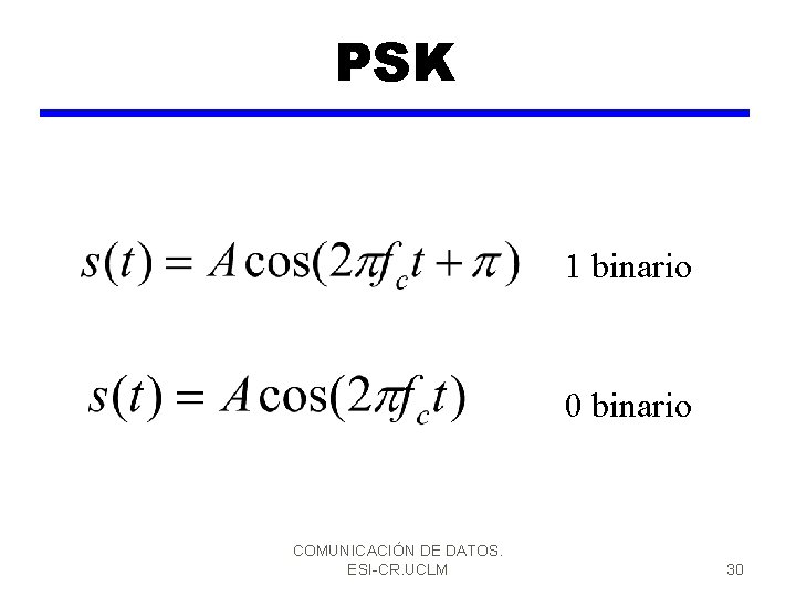 PSK 1 binario 0 binario COMUNICACIÓN DE DATOS. ESI-CR. UCLM 30 