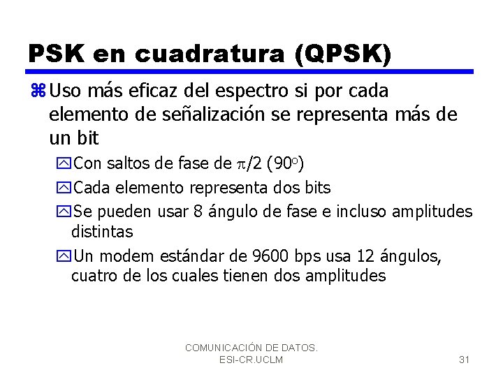 PSK en cuadratura (QPSK) z Uso más eficaz del espectro si por cada elemento