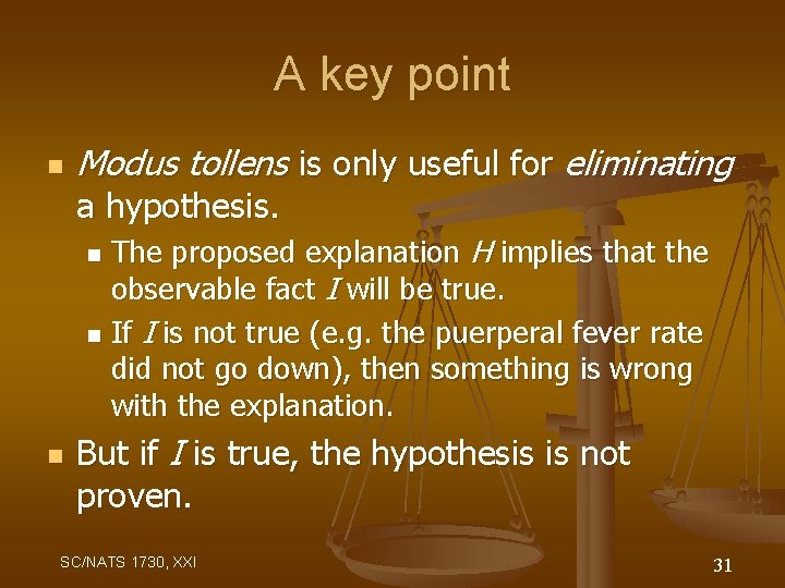 A key point n Modus tollens is only useful for eliminating a hypothesis. The