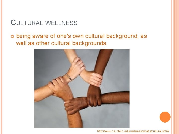 CULTURAL WELLNESS being aware of one's own cultural background, as well as other cultural