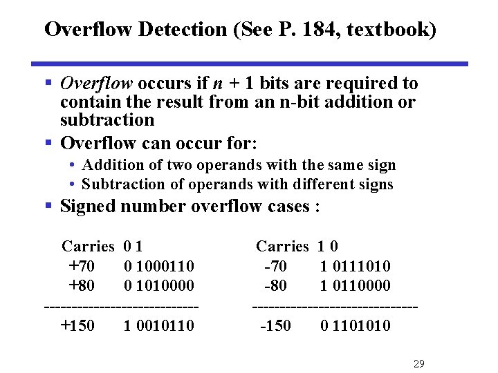 Overflow Detection (See P. 184, textbook) § Overflow occurs if n + 1 bits