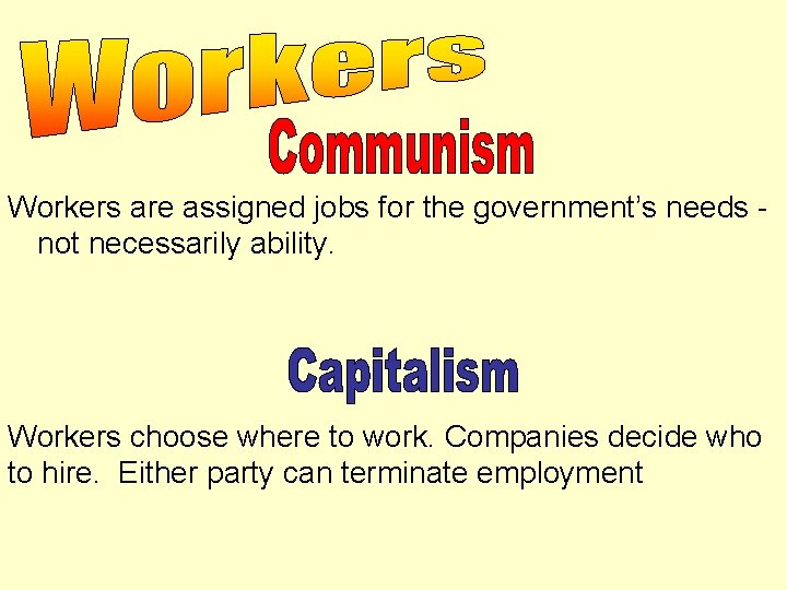 Workers are assigned jobs for the government’s needs not necessarily ability. Workers choose where