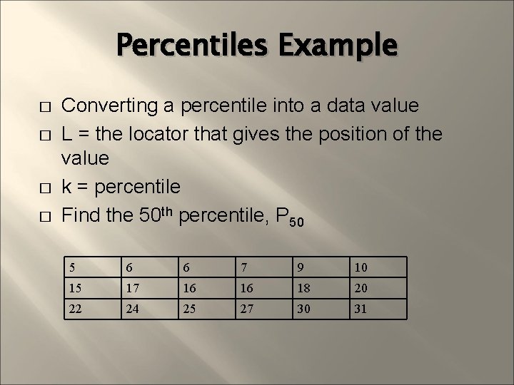 Percentiles Example � � Converting a percentile into a data value L = the