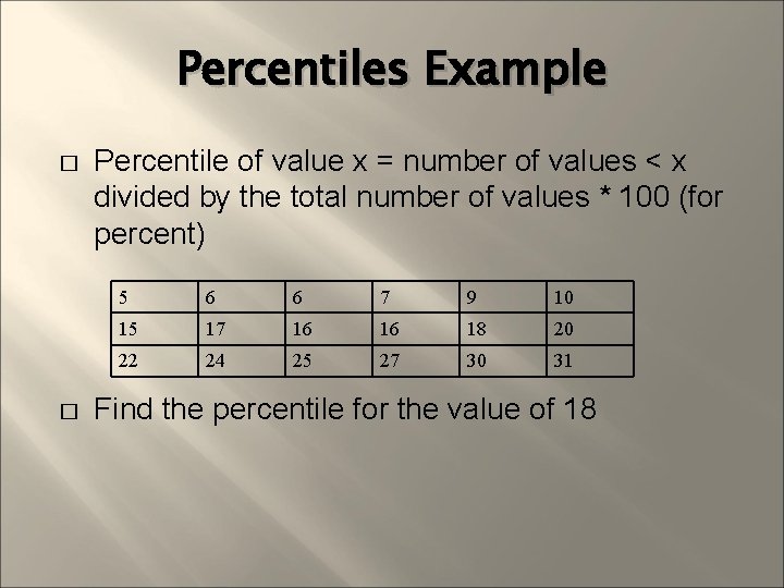 Percentiles Example � � Percentile of value x = number of values < x