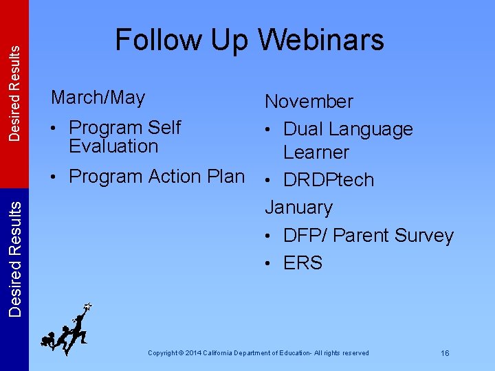 Desired Results Follow Up Webinars March/May • Program Self Evaluation Desired Results • Program