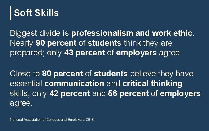 Soft Skills Biggest divide is professionalism and work ethic. Nearly 90 percent of students