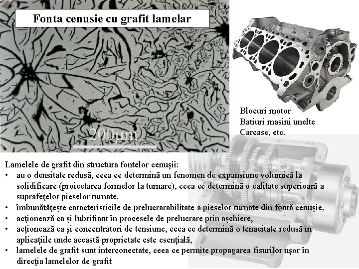 Fonta cenusie cu grafit lamelar Blocuri motor Batiuri masini unelte Carcase, etc. Lamelele de Fonta cenusie cu grafit lamelar Blocuri motor Batiuri masini unelte Carcase, etc. Lamelele de