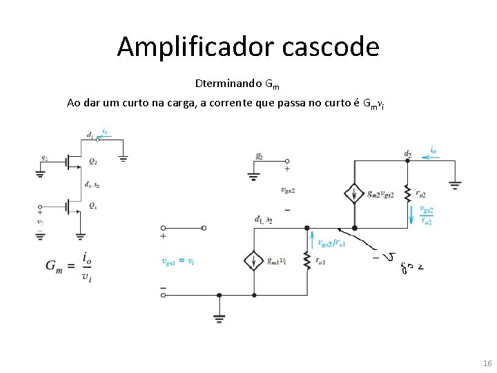 Amplificador cascode Dterminando Gm Ao dar um curto na carga, a corrente que passa